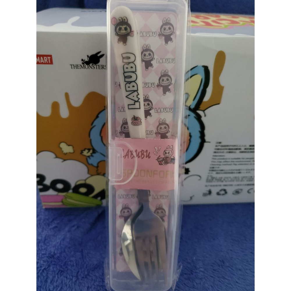 Labubu White Silver Flatware Set One Spoon and Fork in a plastic carrying case.